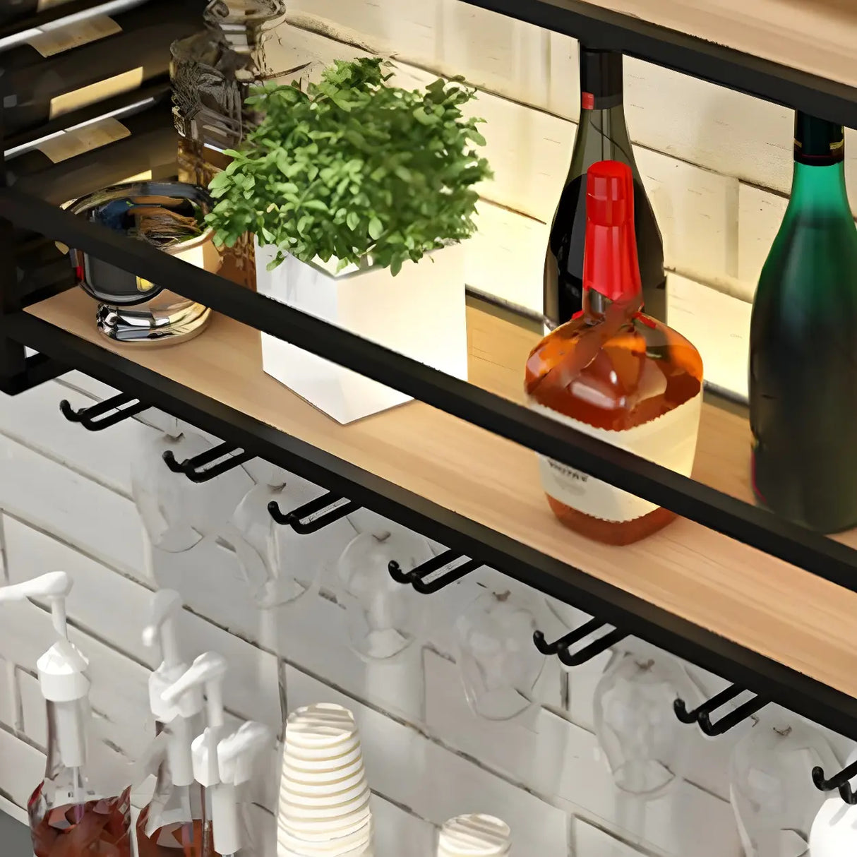 Black Modern Iron Floating Wall Wine Rack with Glass Holder Image - 14