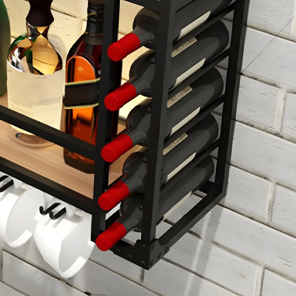 Black Modern Iron Floating Wall Wine Rack with Glass Holder Image - 15