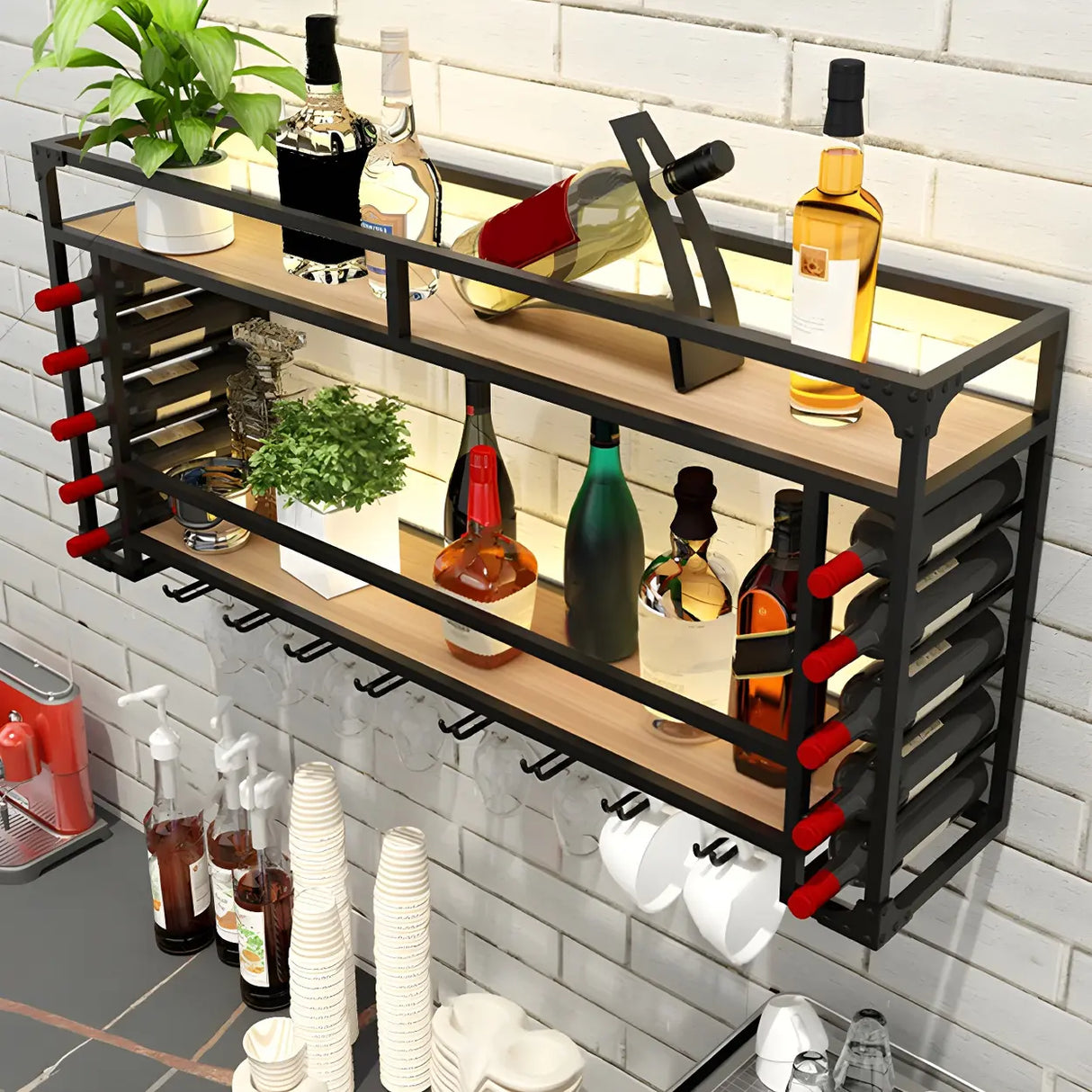 Black Modern Iron Floating Wall Wine Rack with Glass Holder Image - 16