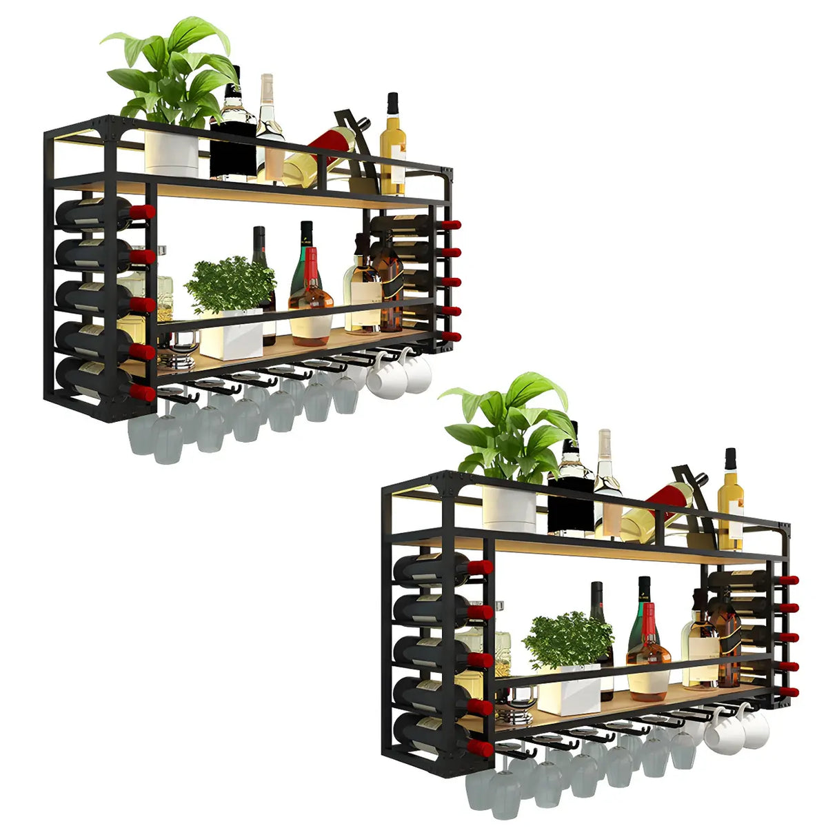 Black Modern Iron Floating Wall Wine Rack with Glass Holder Image - 3