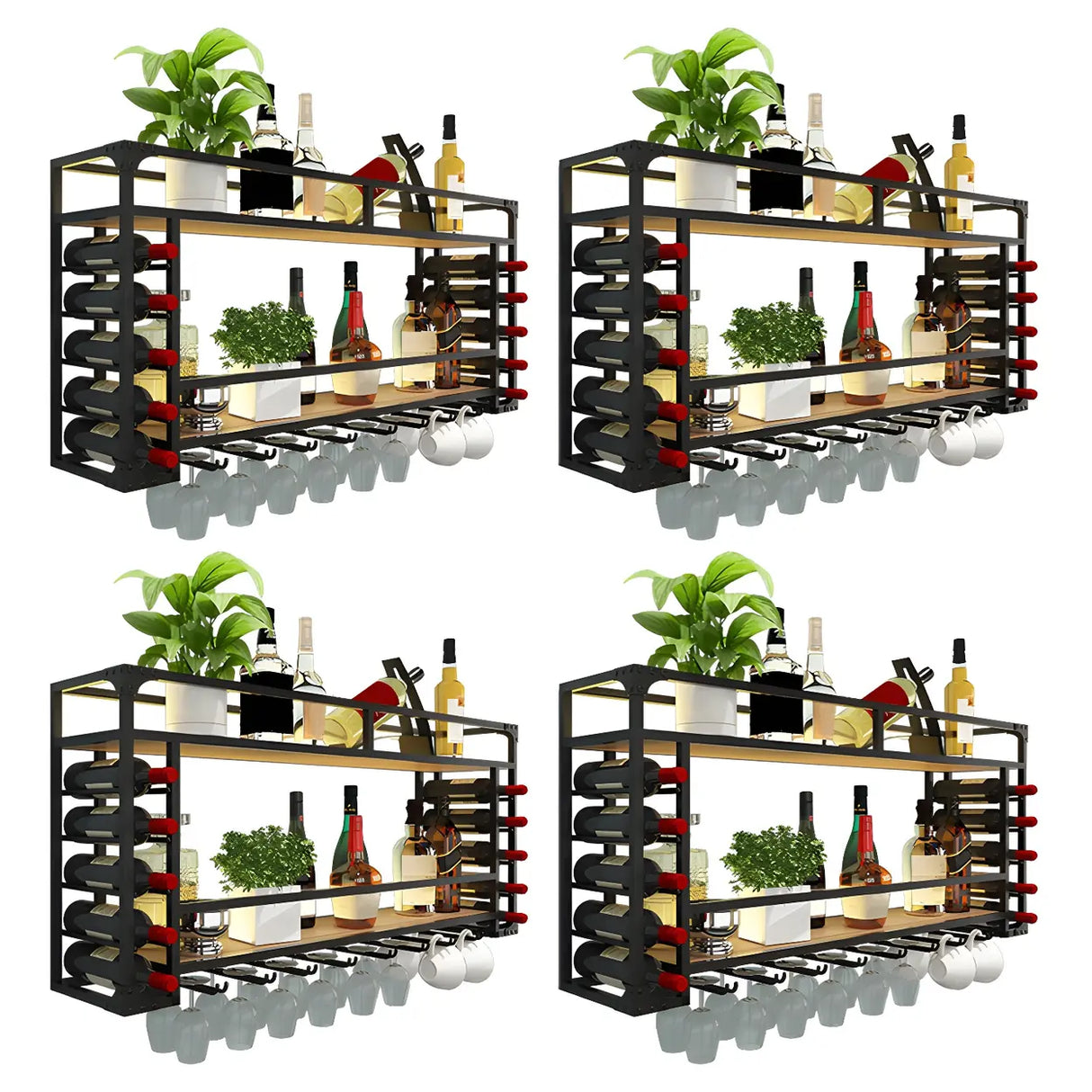 Black Modern Iron Floating Wall Wine Rack with Glass Holder Image - 5