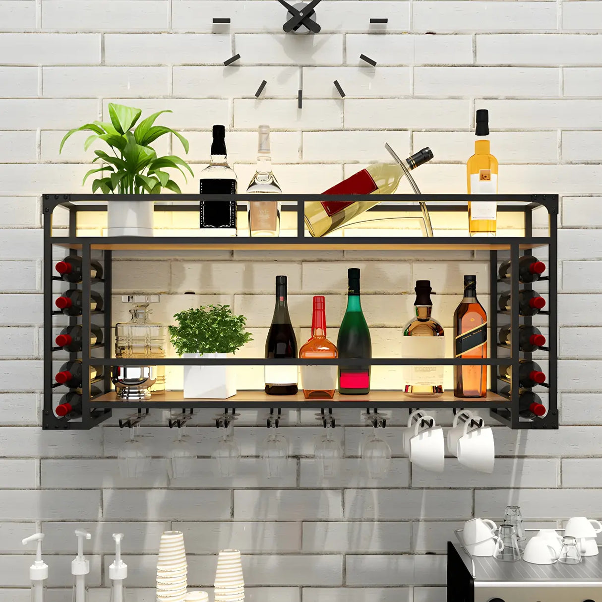 Black Modern Iron Floating Wall Wine Rack with Glass Holder Image - 6