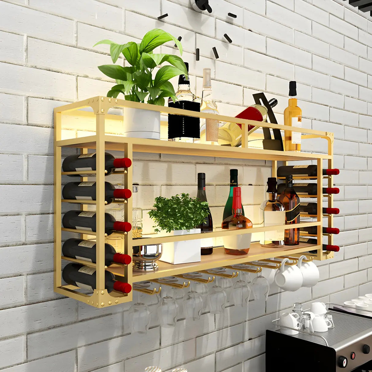Black Modern Iron Floating Wall Wine Rack with Glass Holder Image - 8