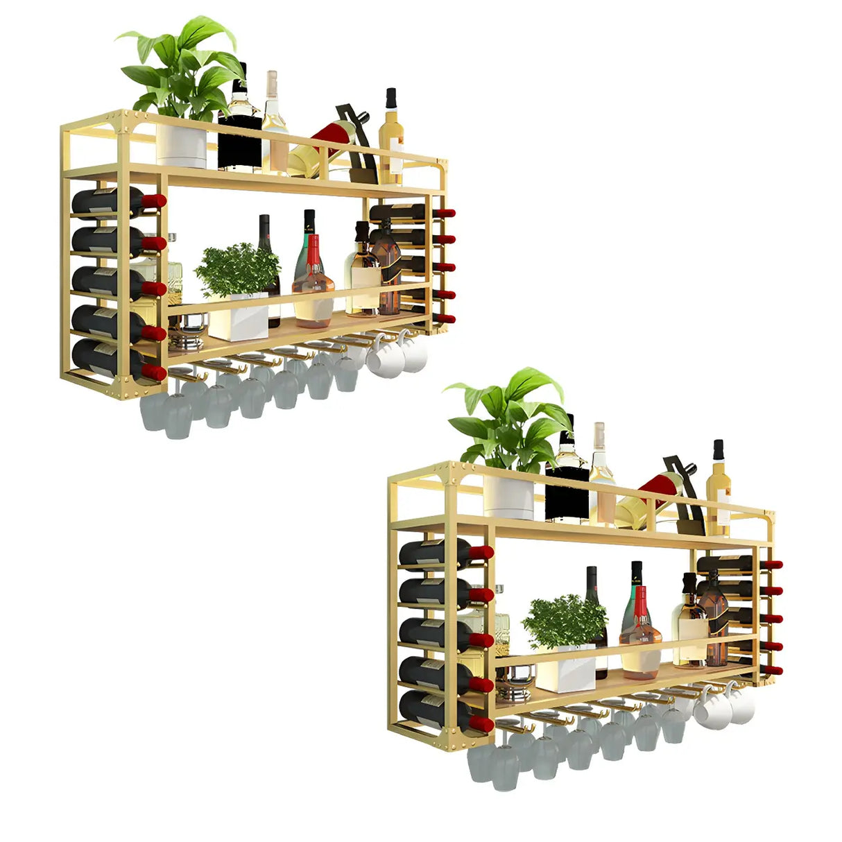 Black Modern Iron Floating Wall Wine Rack with Glass Holder Image - 9