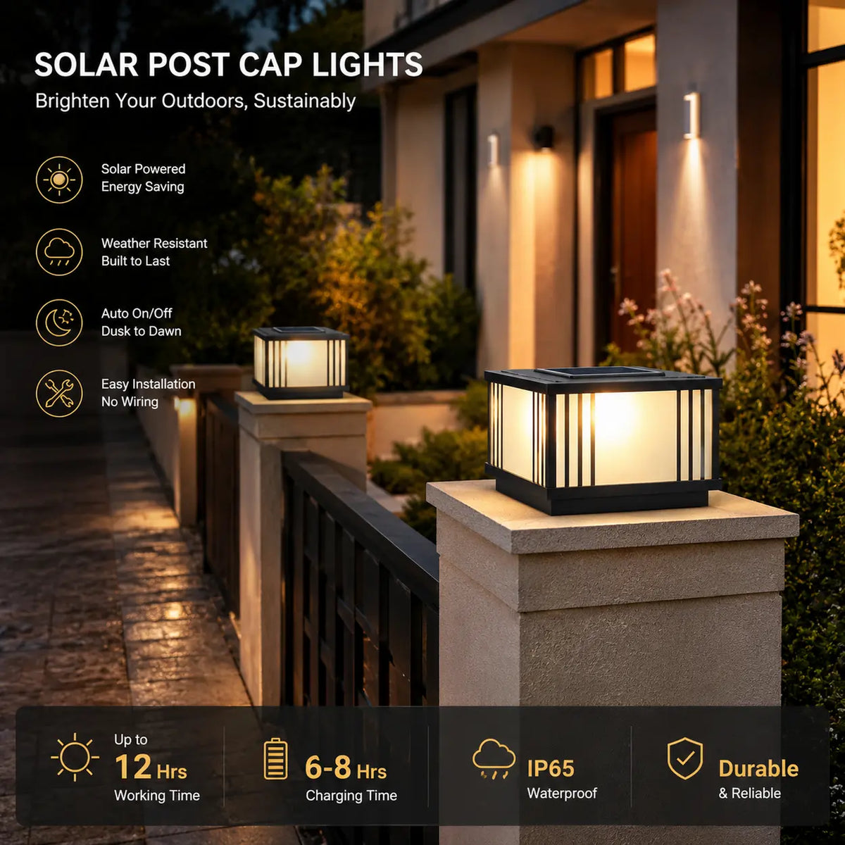 Black Modern Stripe Square Solar Outdoor Pillar Lamp Image - 4