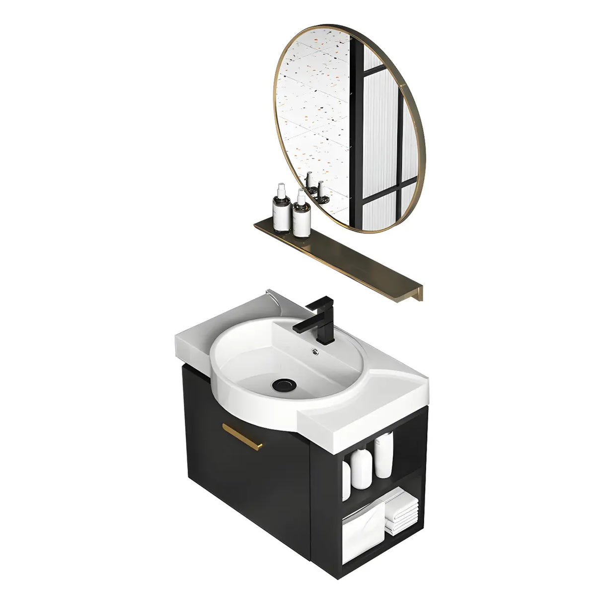 Black Modern Wall Mount Ceramic Sink Storage Bathroom Vanity Image - 10
