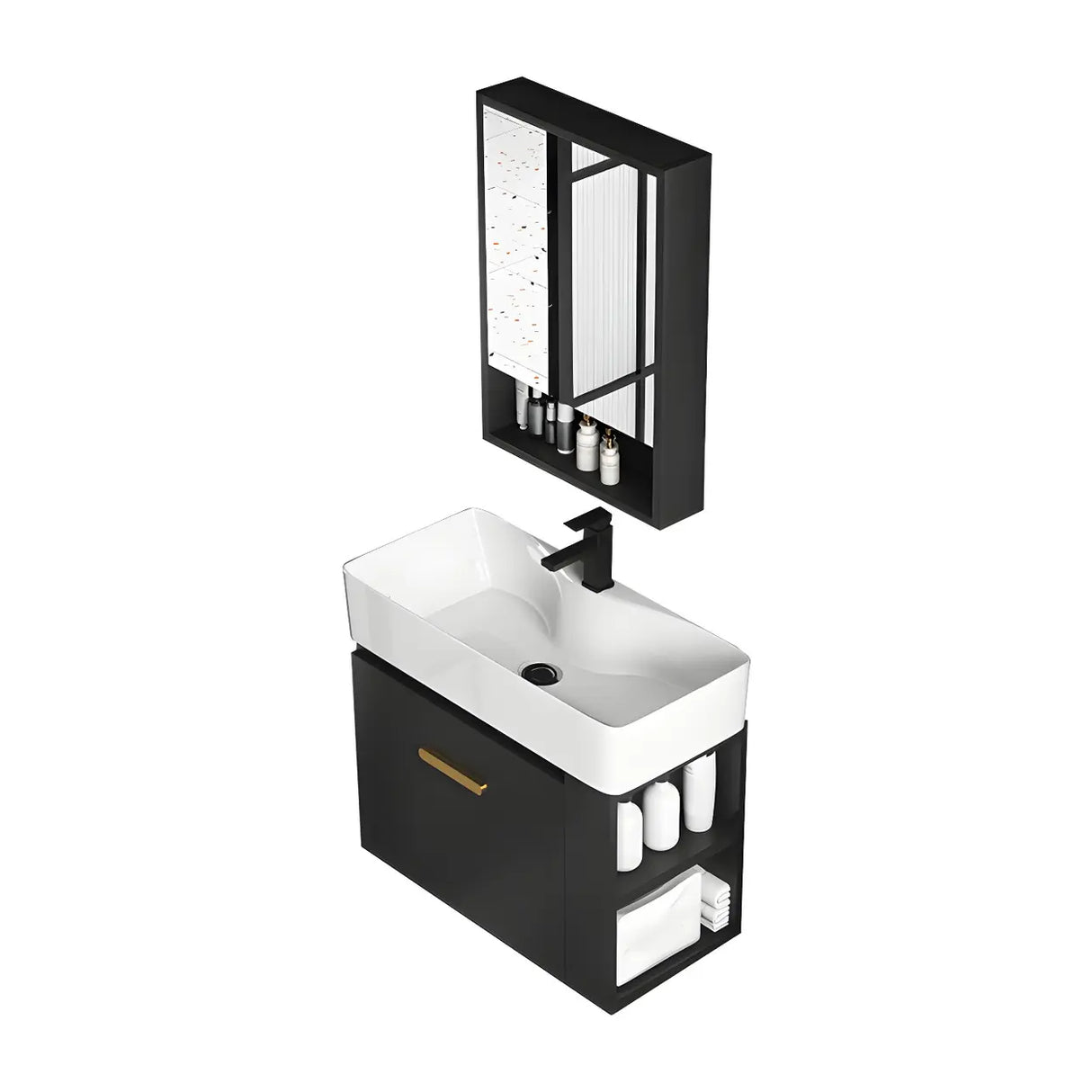 Black Modern Wall Mount Ceramic Sink Storage Bathroom Vanity Image - 16