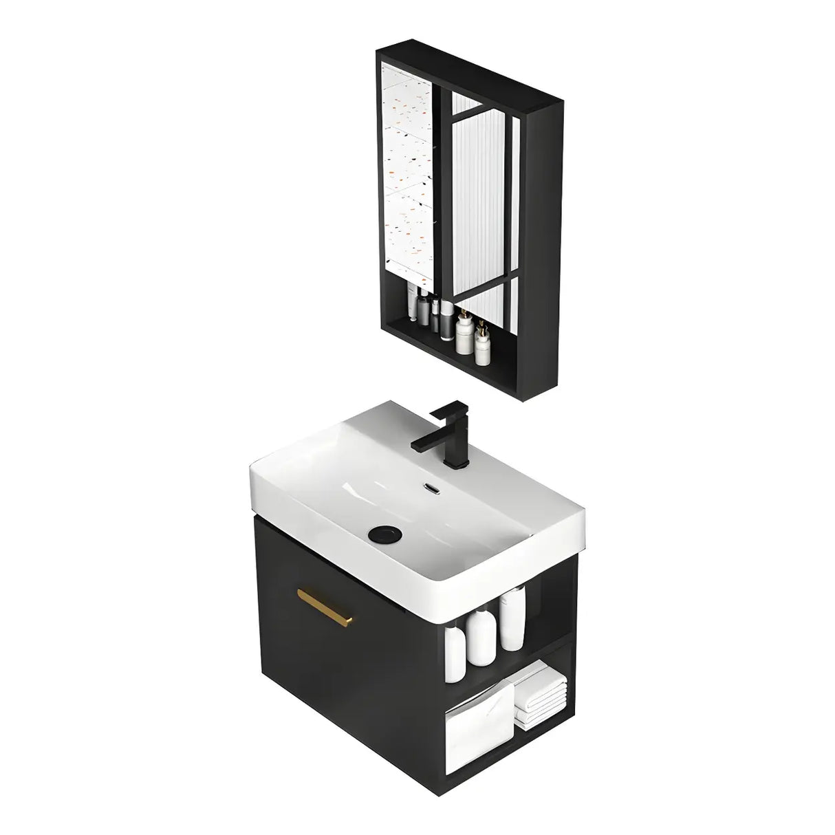 Black Modern Wall Mount Ceramic Sink Storage Bathroom Vanity Image - 17