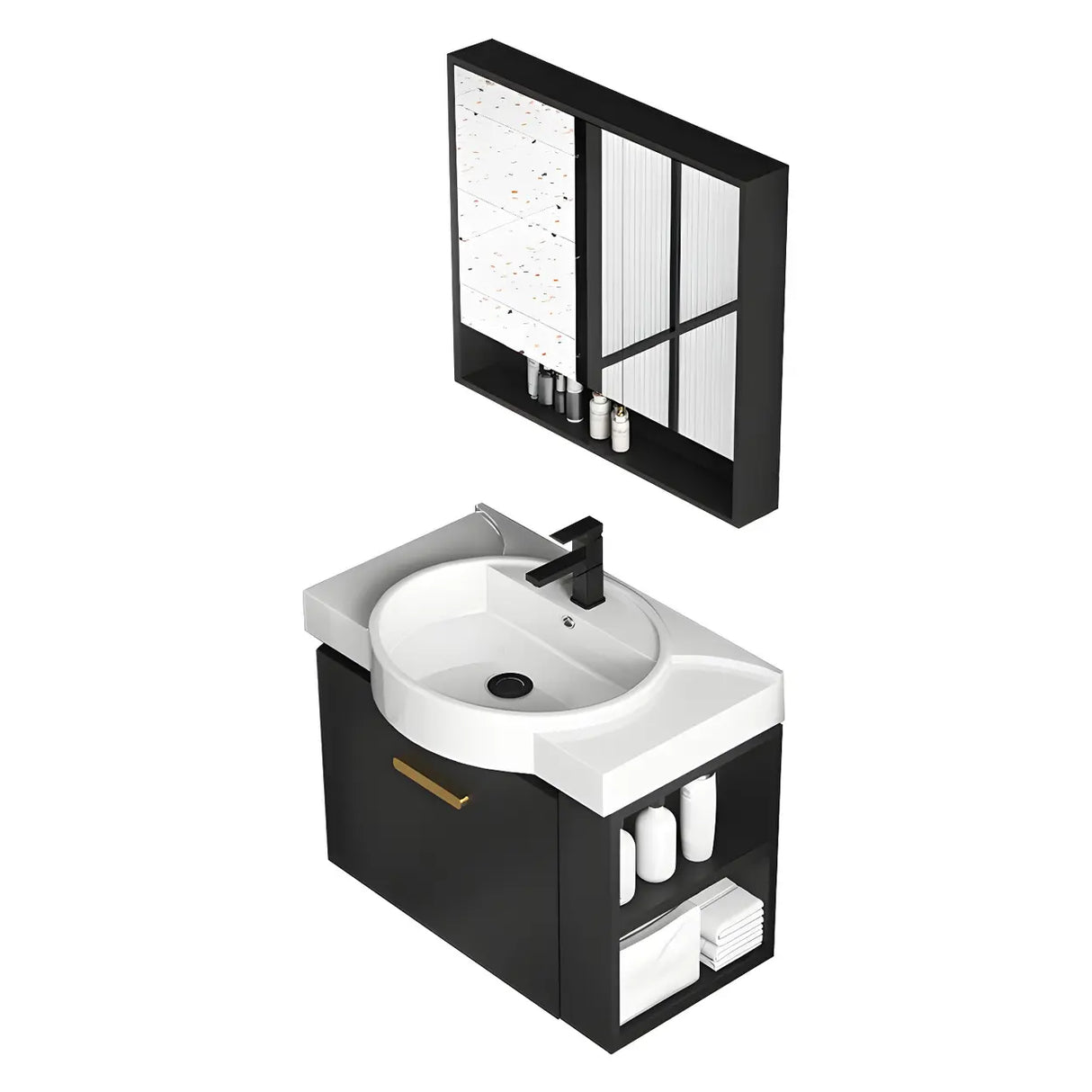 Black Modern Wall Mount Ceramic Sink Storage Bathroom Vanity Image - 18