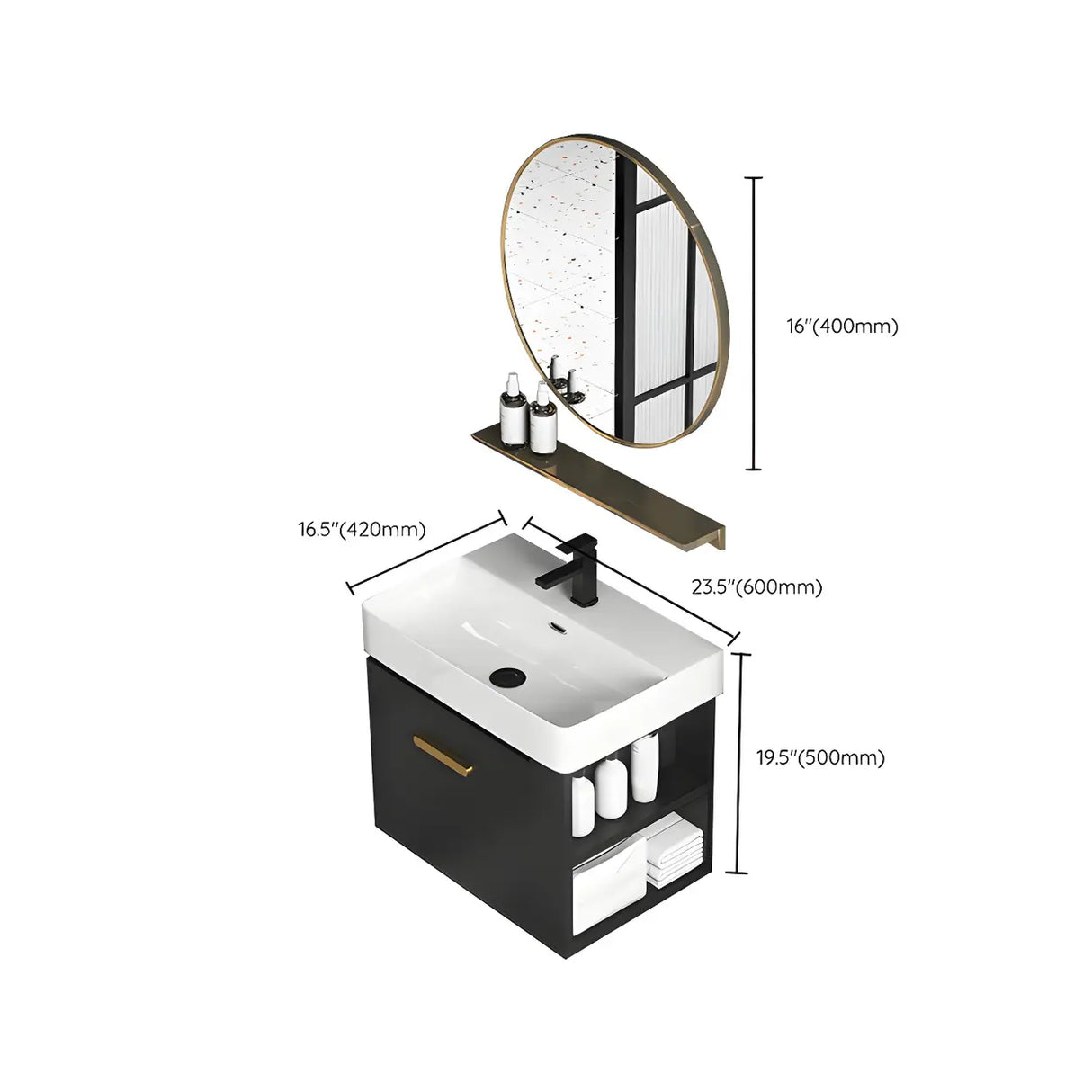 Black Modern Wall Mount Ceramic Sink Storage Bathroom Vanity Image - 22