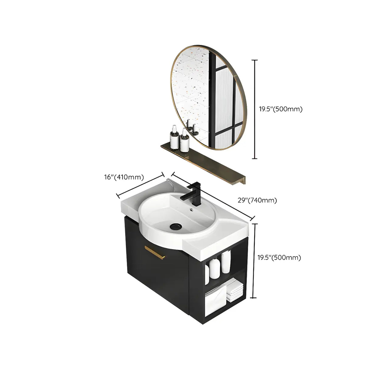 Black Modern Wall Mount Ceramic Sink Storage Bathroom Vanity Image - 24