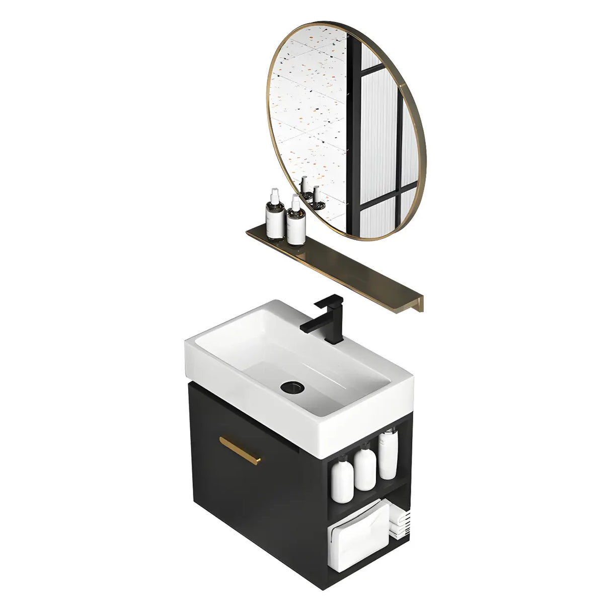Black Modern Wall Mount Ceramic Sink Storage Bathroom Vanity Image - 3