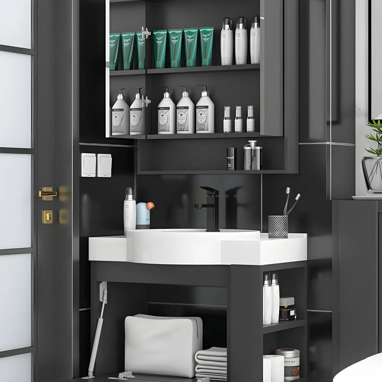 Black Modern Wall Mount Ceramic Sink Storage Bathroom Vanity Image - 4