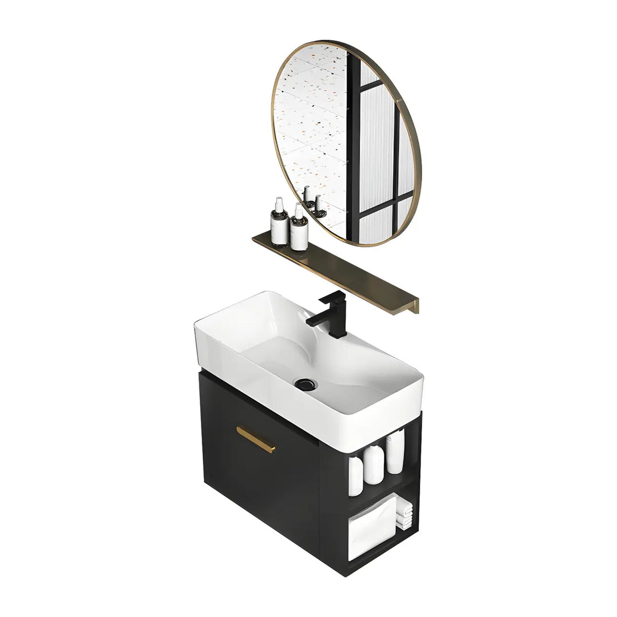 Black Modern Wall Mount Ceramic Sink Storage Bathroom Vanity Image - 5