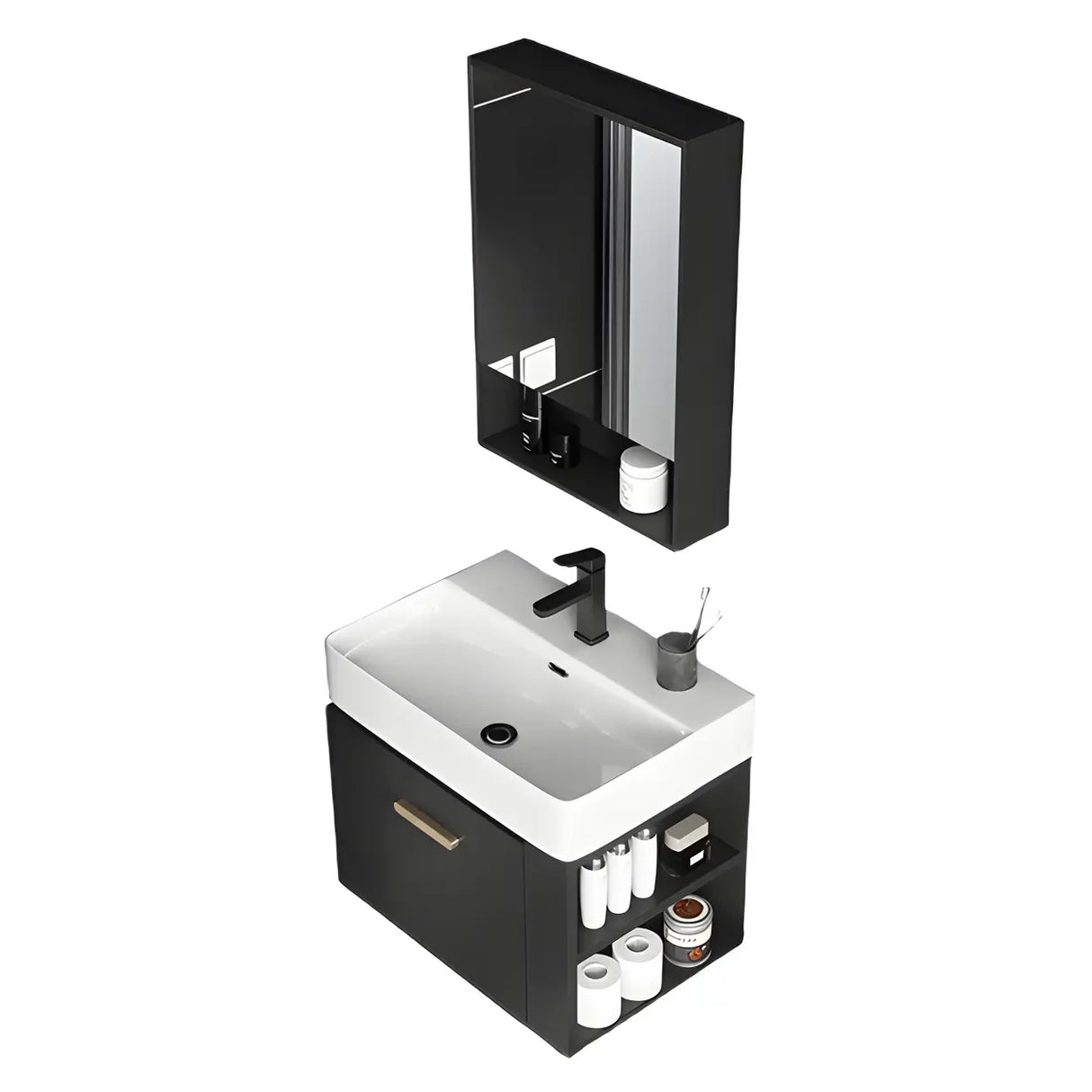 Black Modern Wall Mount Ceramic Sink Storage Bathroom Vanity Image - 9
