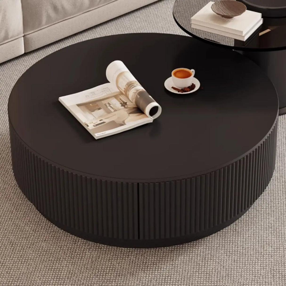 Black Nested Embossed Drum Stone Drawers Coffee Table Image - 12