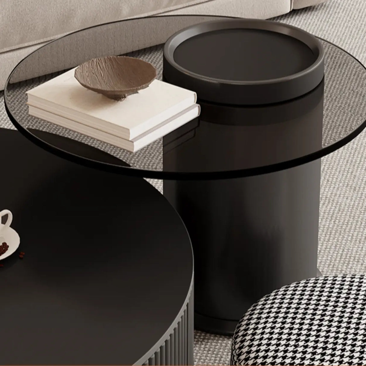 Black Nested Embossed Drum Stone Drawers Coffee Table Image - 14