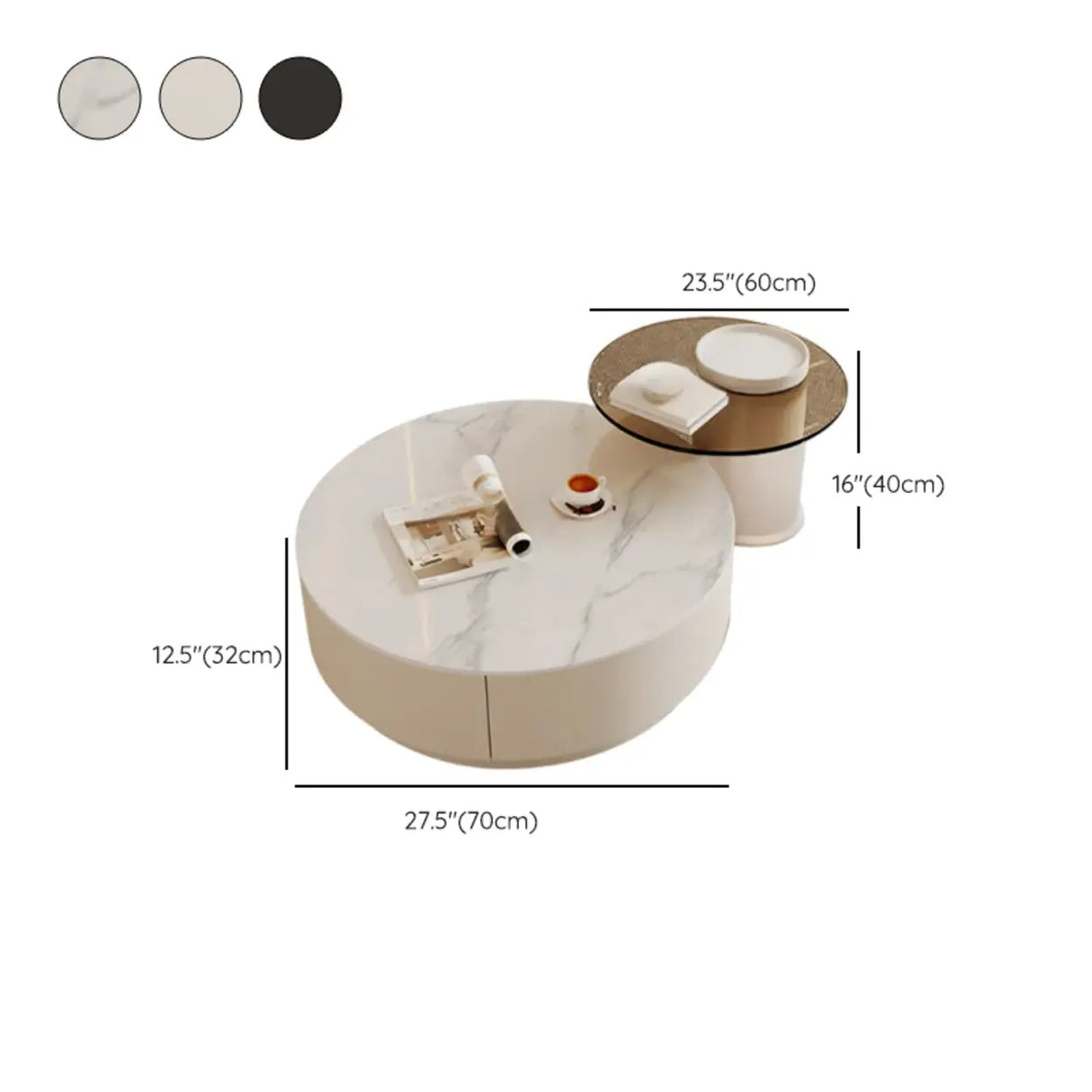 Black Nested Embossed Drum Stone Drawers Coffee Table Image - 23