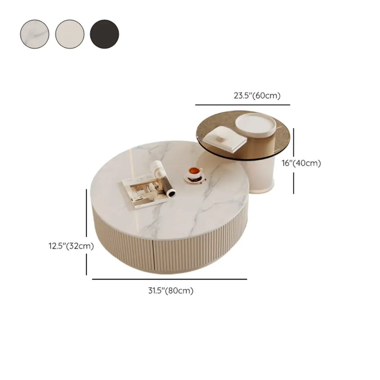 Black Nested Embossed Drum Stone Drawers Coffee Table Image - 26