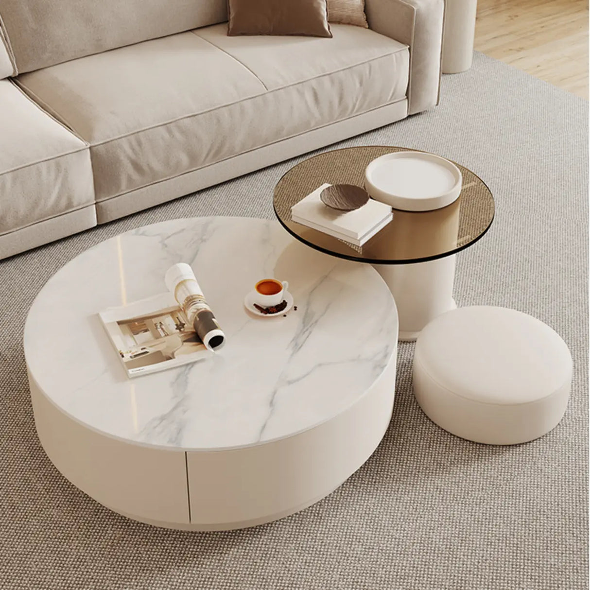 Black Nested Embossed Drum Stone Drawers Coffee Table Image - 4