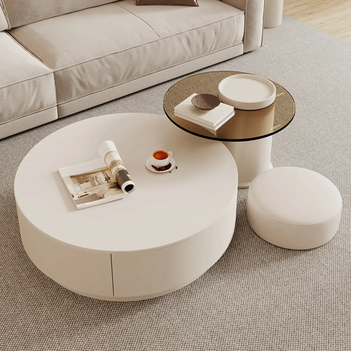 Black Nested Embossed Drum Stone Drawers Coffee Table Image - 6