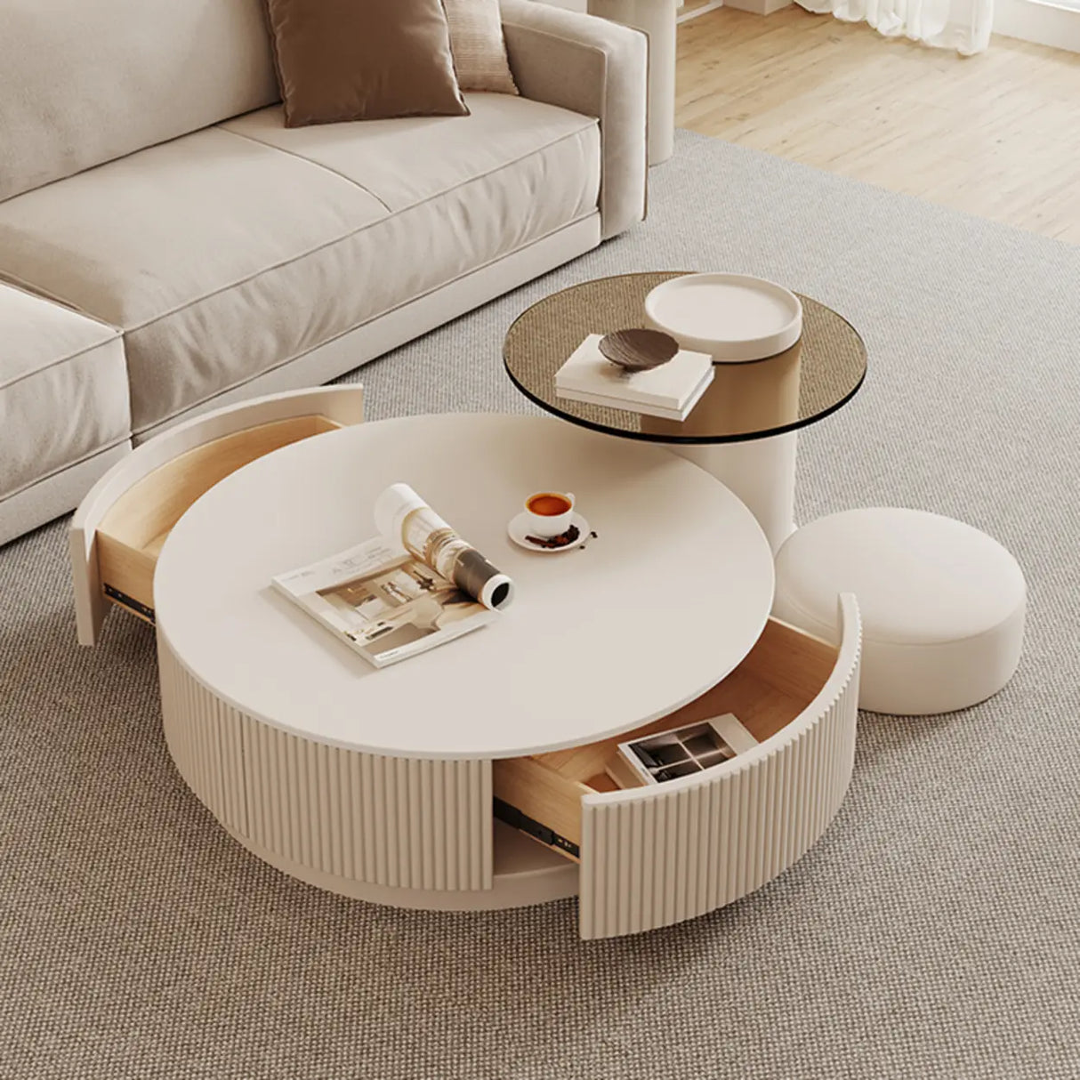 Black Nested Embossed Drum Stone Drawers Coffee Table Image - 7