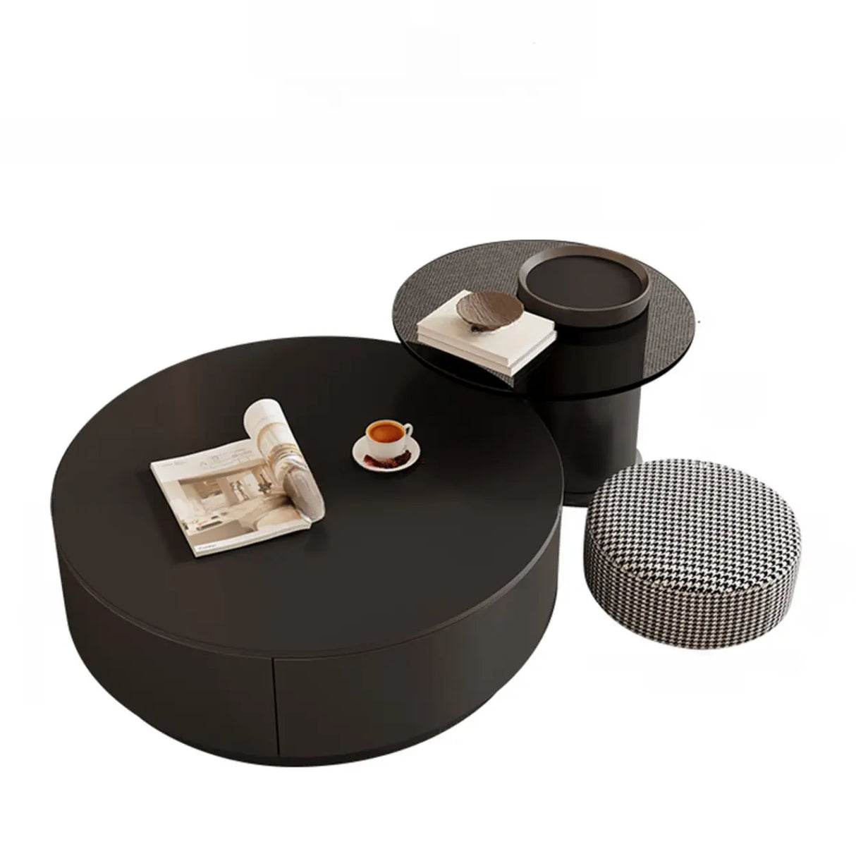Black Nested Embossed Drum Stone Drawers Coffee Table Image - 9