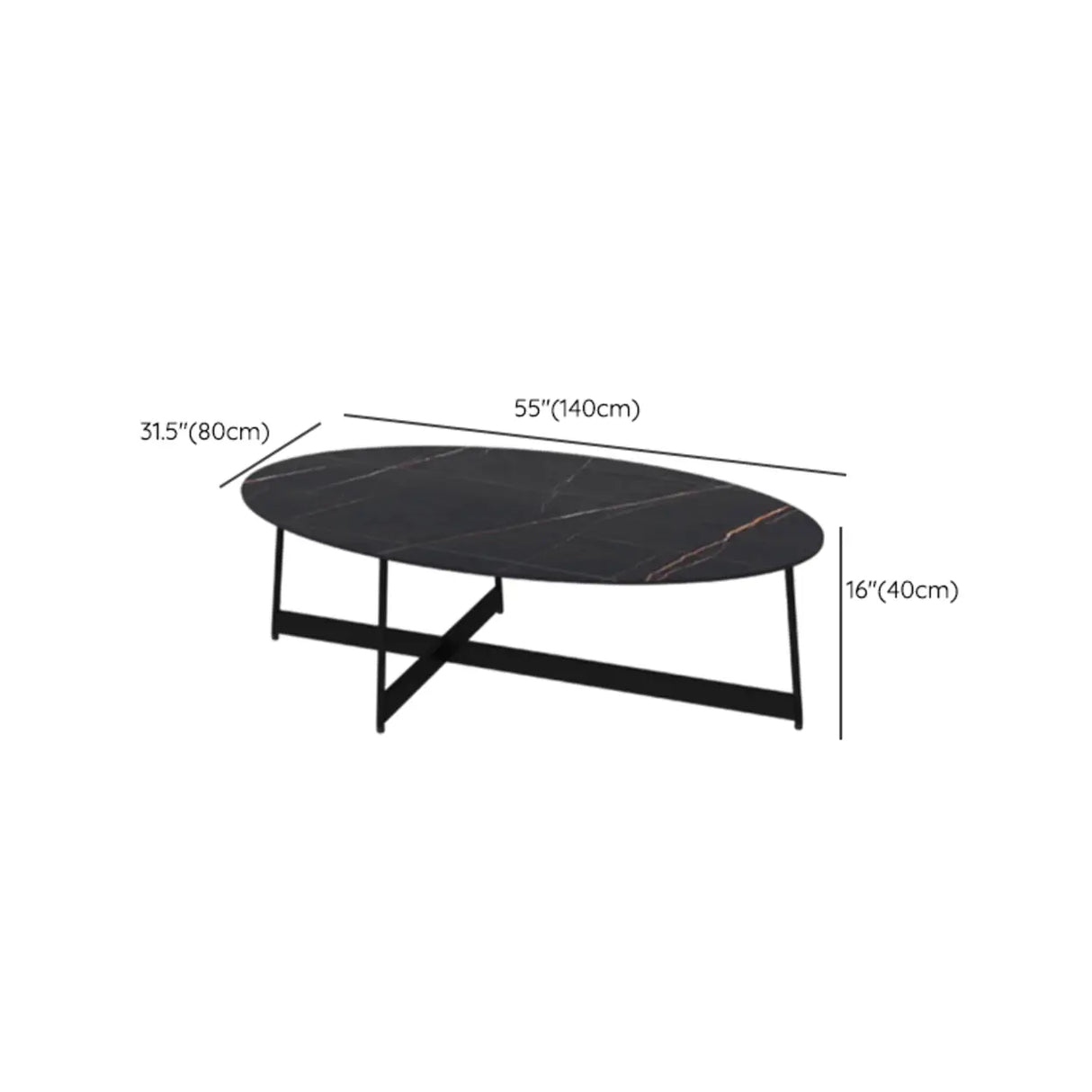 Black Oval Stone Coffee Table with Steel Cross Legs Image - 12