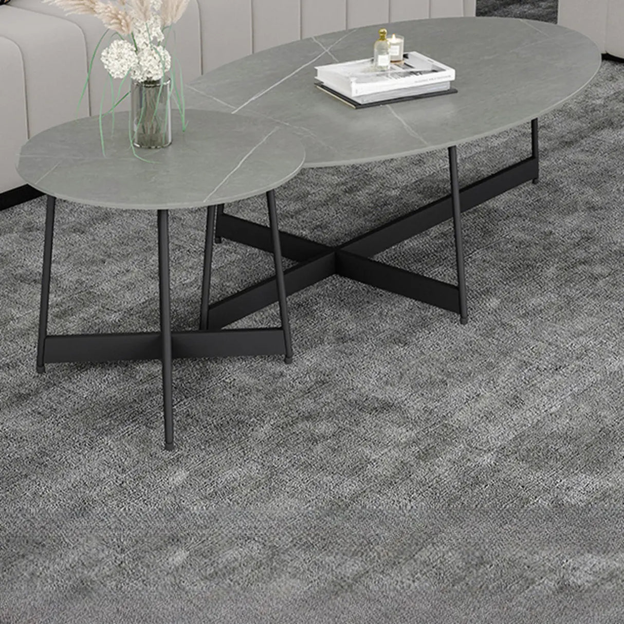 Black Oval Stone Coffee Table with Steel Cross Legs Image - 2