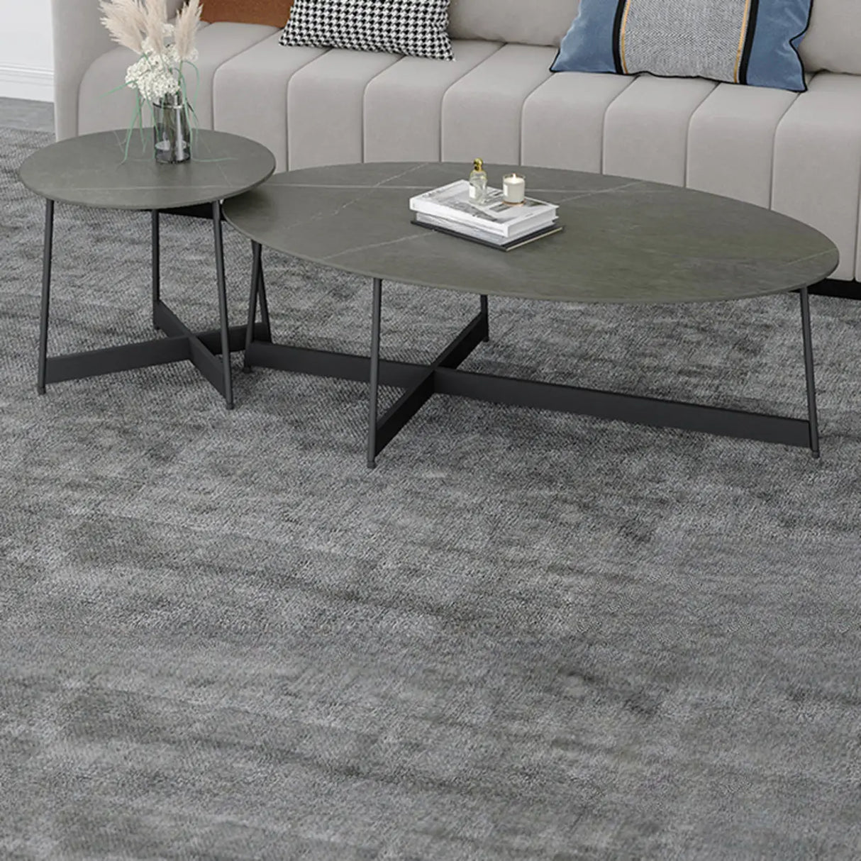 Black Oval Stone Coffee Table with Steel Cross Legs Image - 3