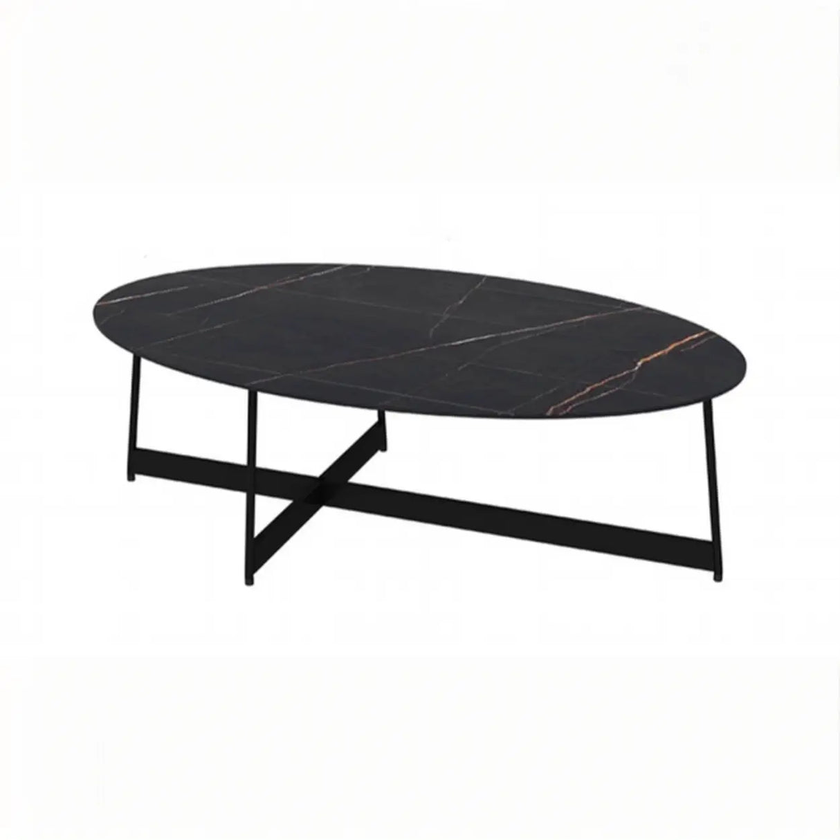 Black Oval Stone Coffee Table with Steel Cross Legs Image - 4