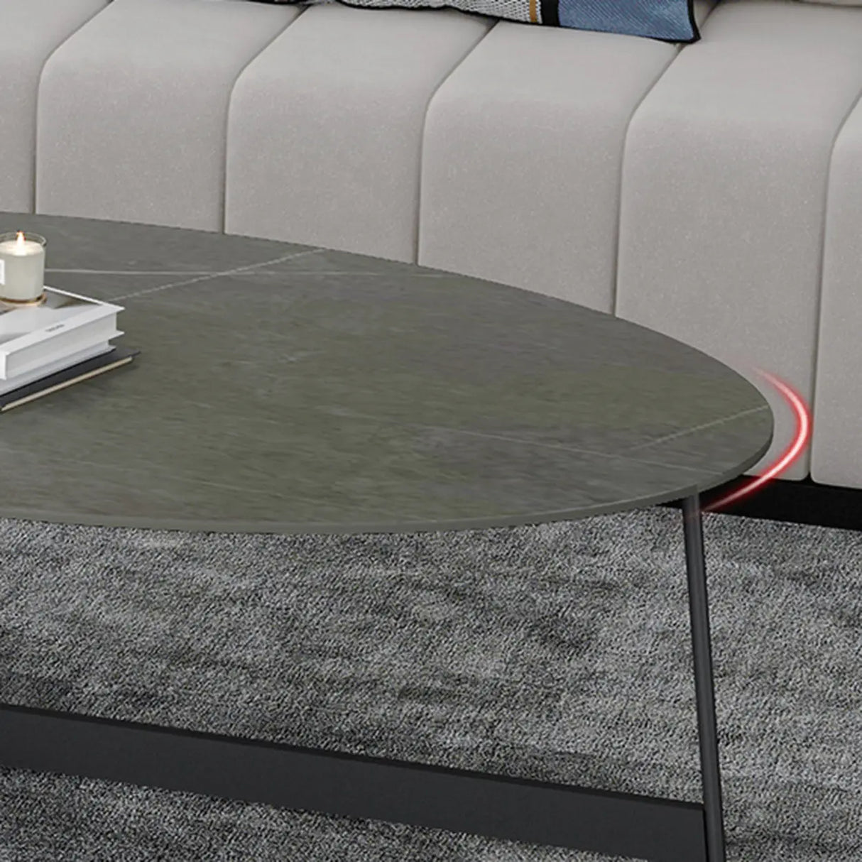 Black Oval Stone Coffee Table with Steel Cross Legs Image - 6