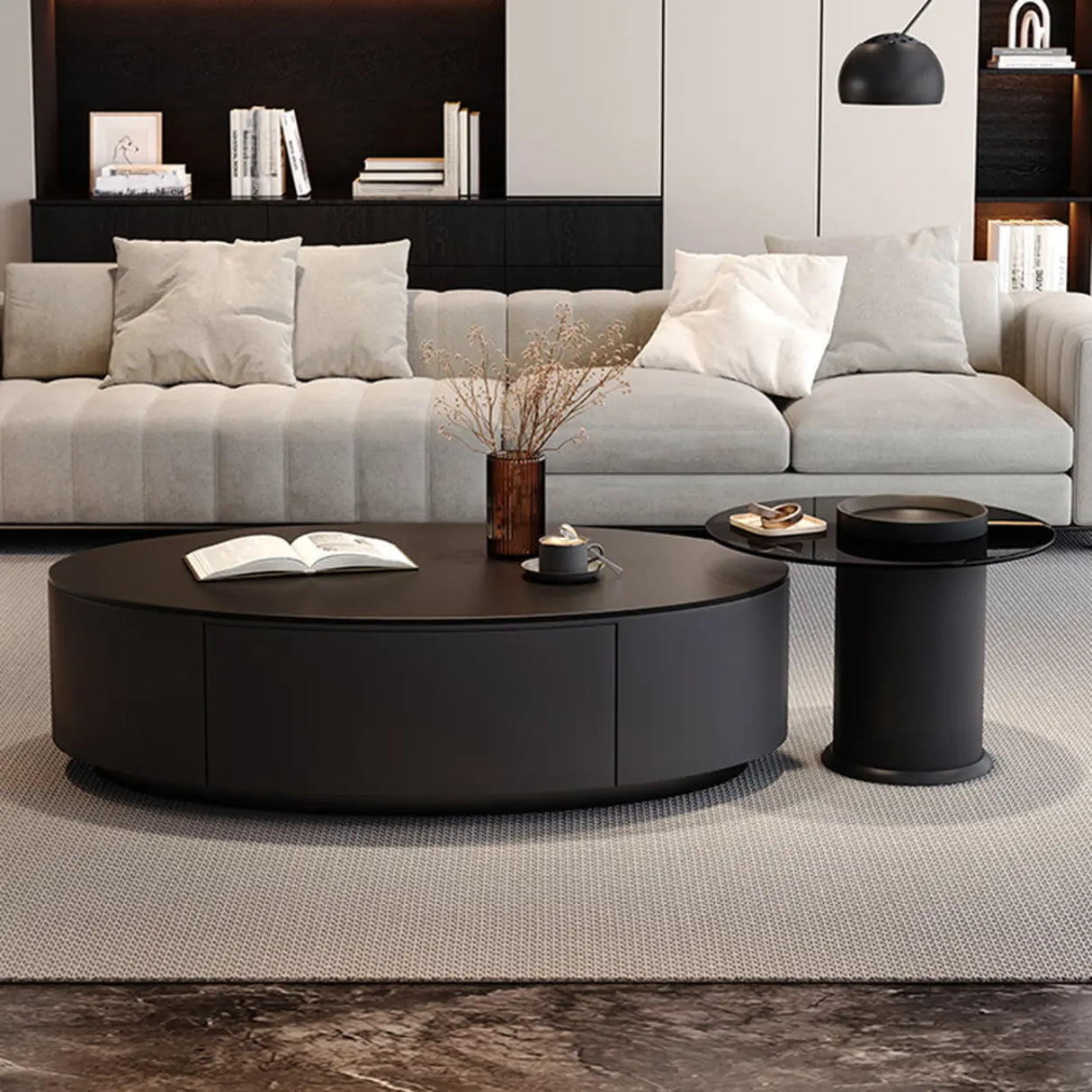 Black Oval Stone Nesting Coffee Table with Storage Image - 1