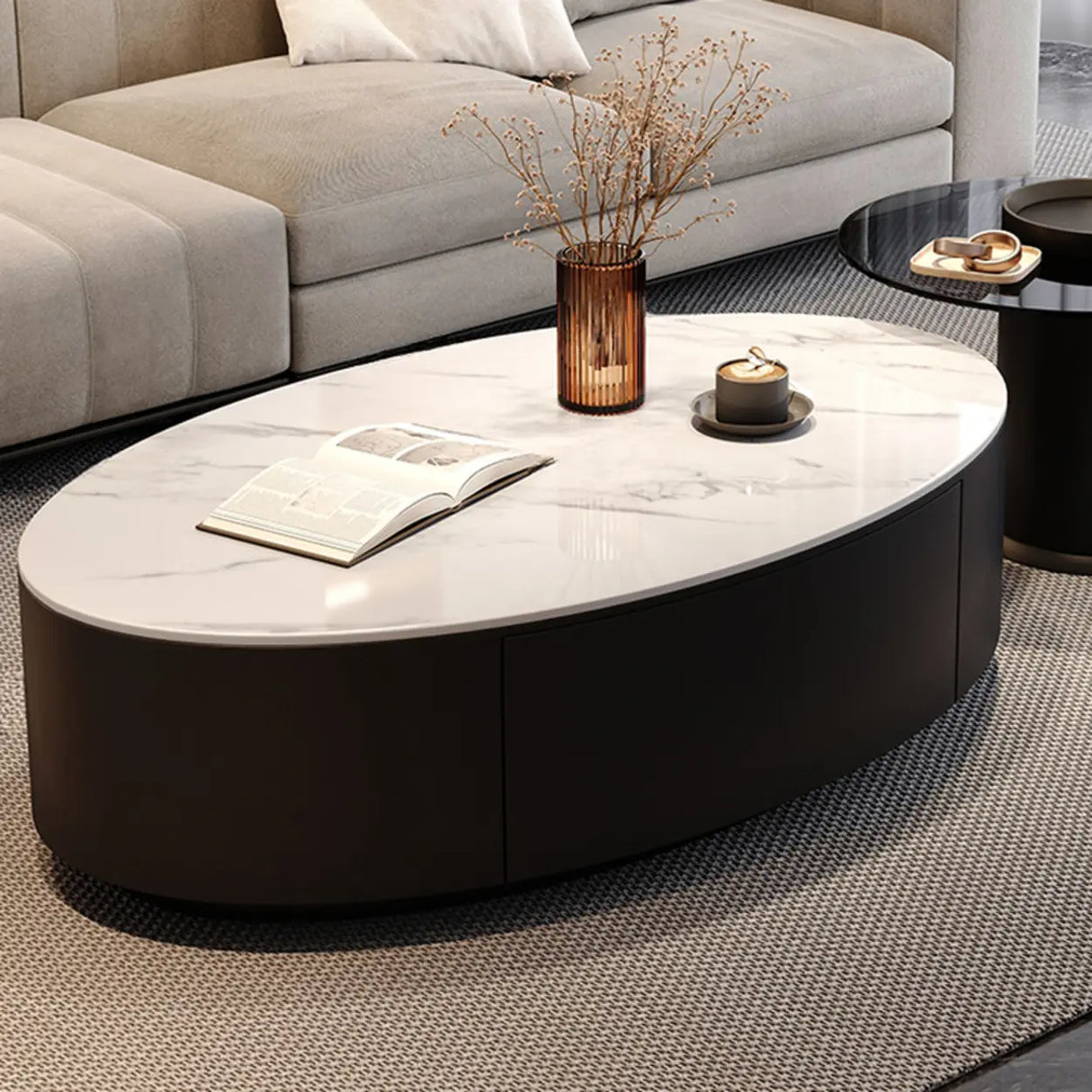 Black Oval Stone Nesting Coffee Table with Storage Image - 3