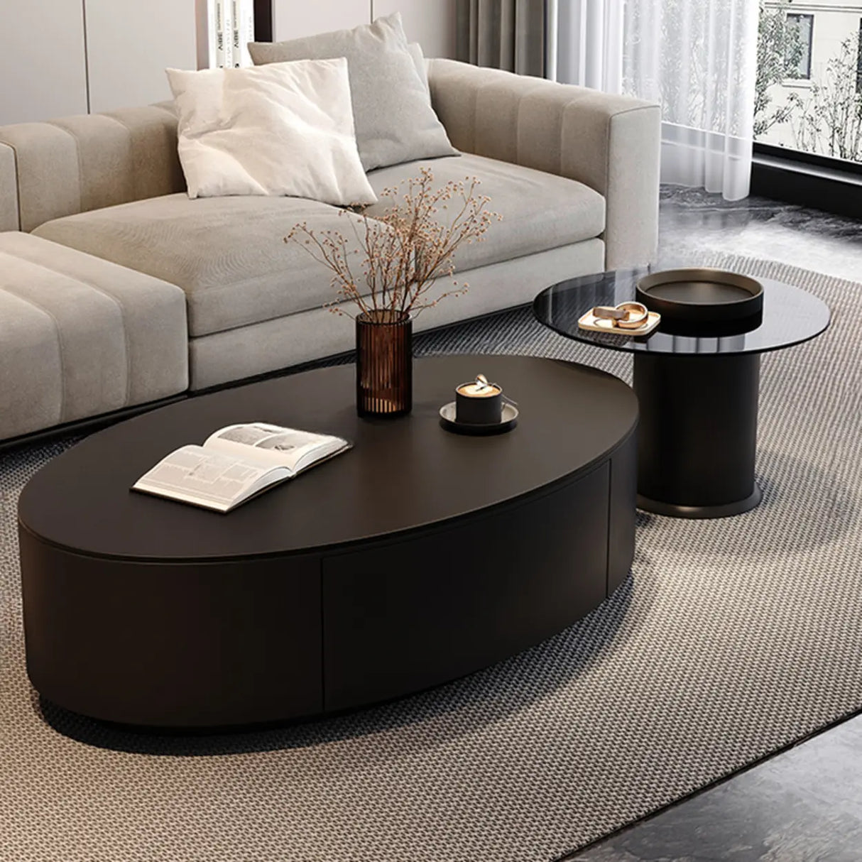 Black Oval Stone Nesting Coffee Table with Storage Image - 5