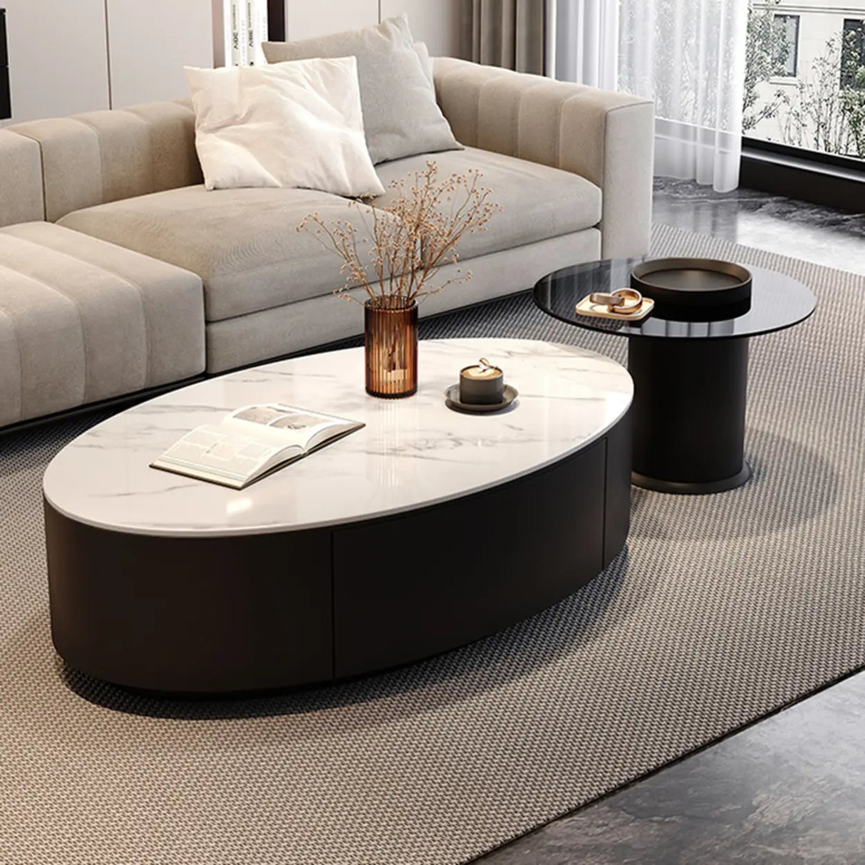 Black Oval Stone Nesting Coffee Table with Storage Image - 6