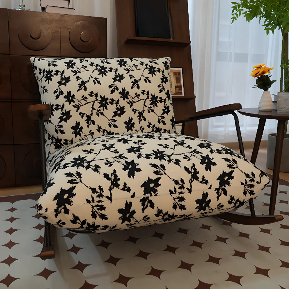 Black Patterned Upholstered Track Arms Rocking Chair Image - 2