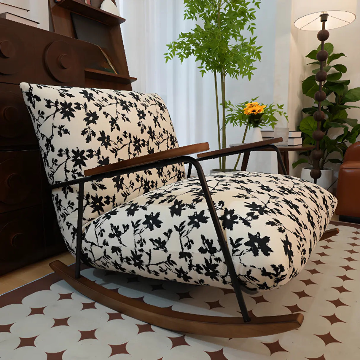 Black Patterned Upholstered Track Arms Rocking Chair Image - 3