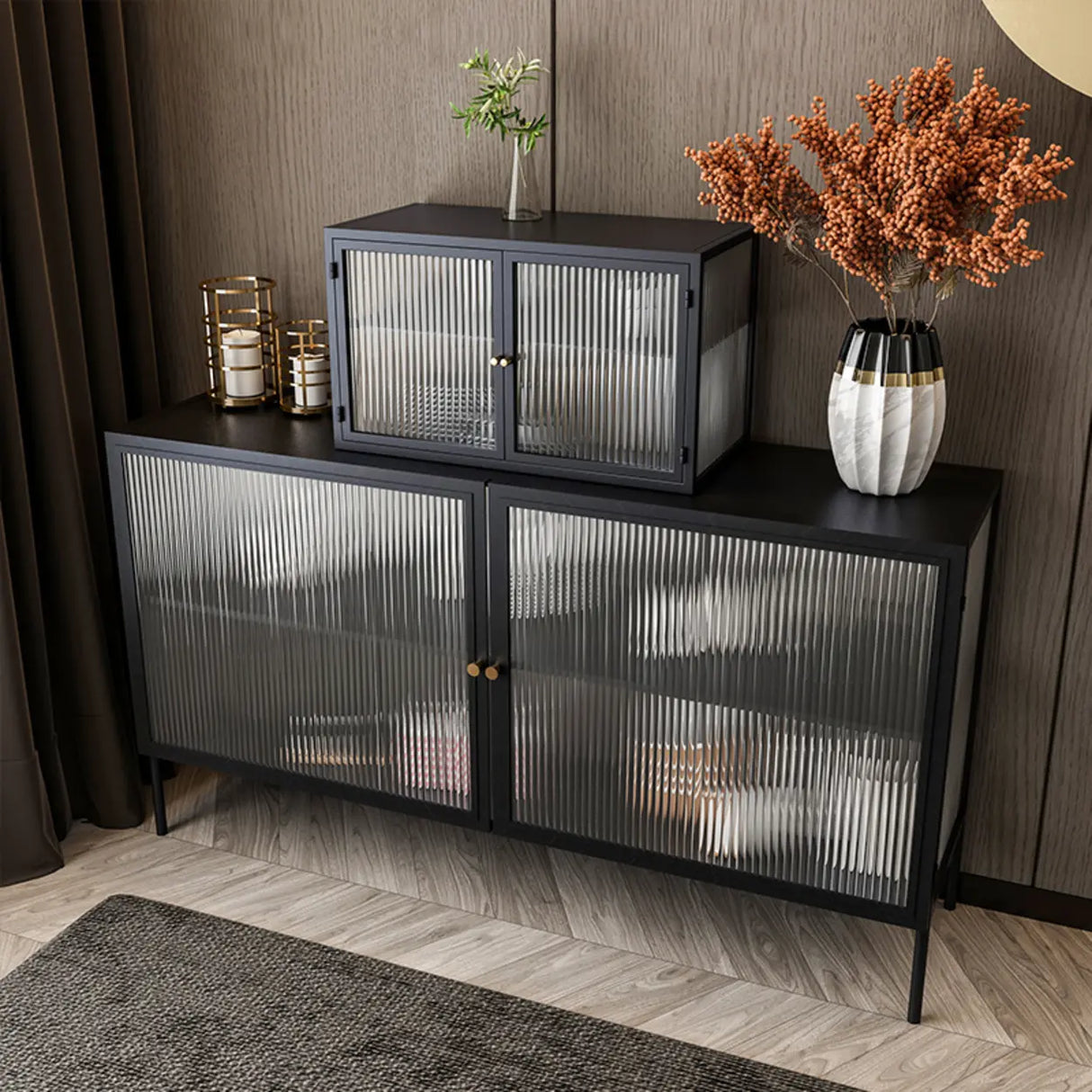 Black Rectangular Alloy Floating Mount China Cabinet Image - 2