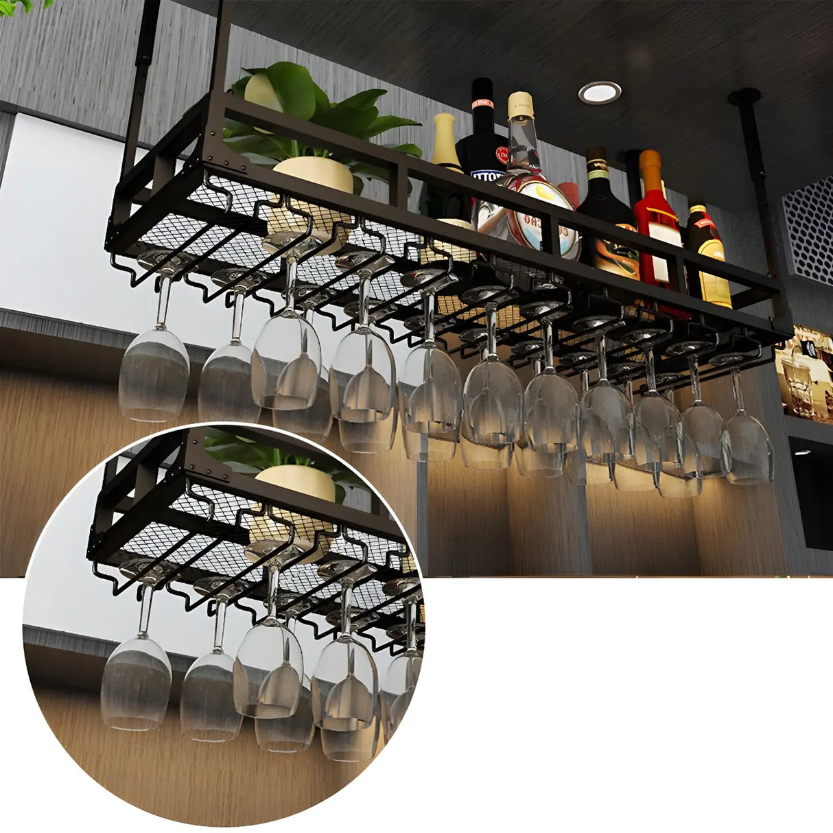 Black Rectangular Metal Large Hanging Wine Rack with Holder Image - 10