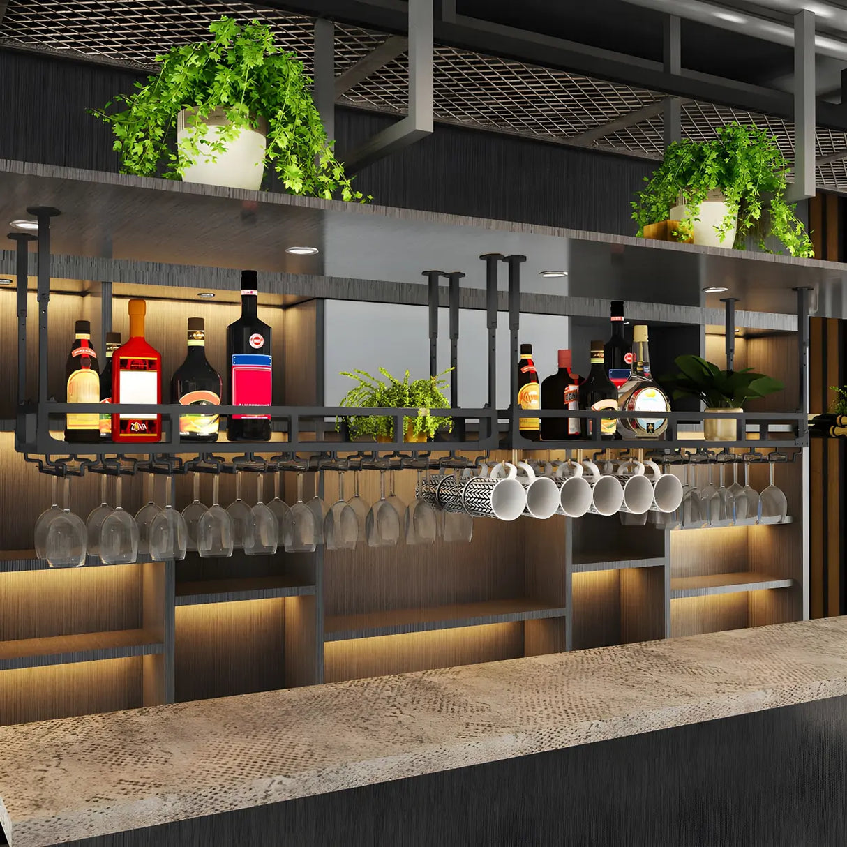 Black Rectangular Metal Large Hanging Wine Rack with Holder Image - 11