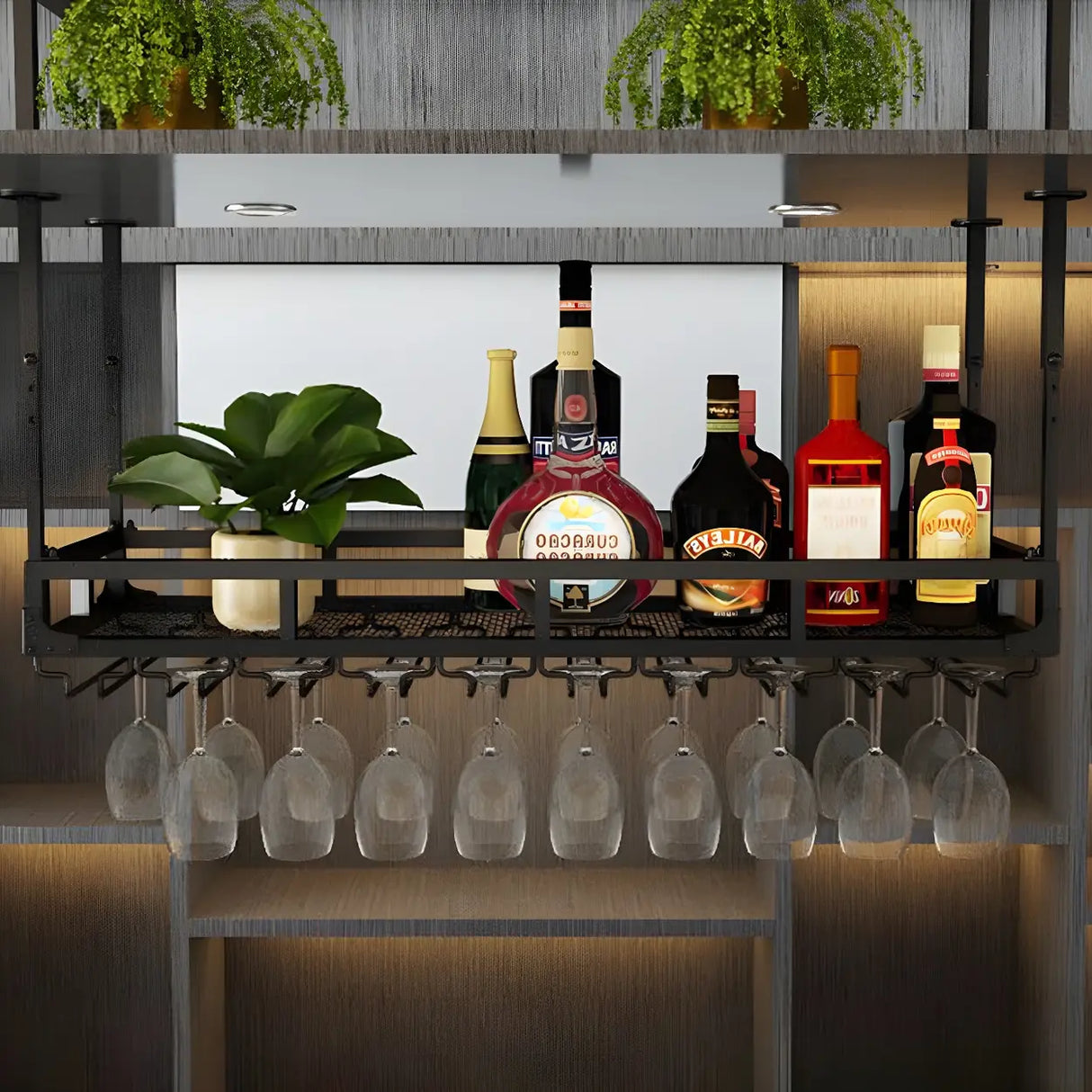 Black Rectangular Metal Large Hanging Wine Rack with Holder Image - 12