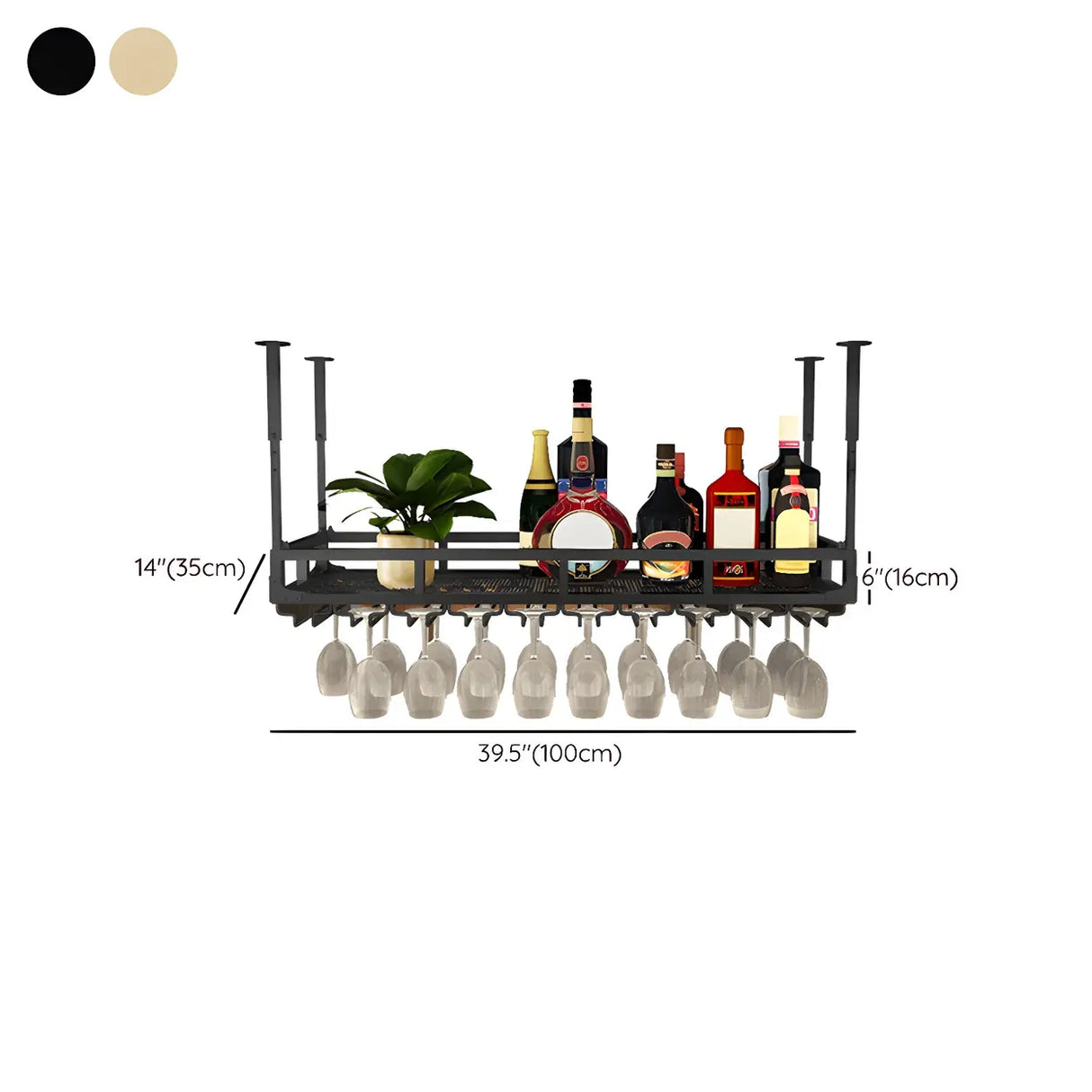 Black Rectangular Metal Large Hanging Wine Rack with Holder Image - 14