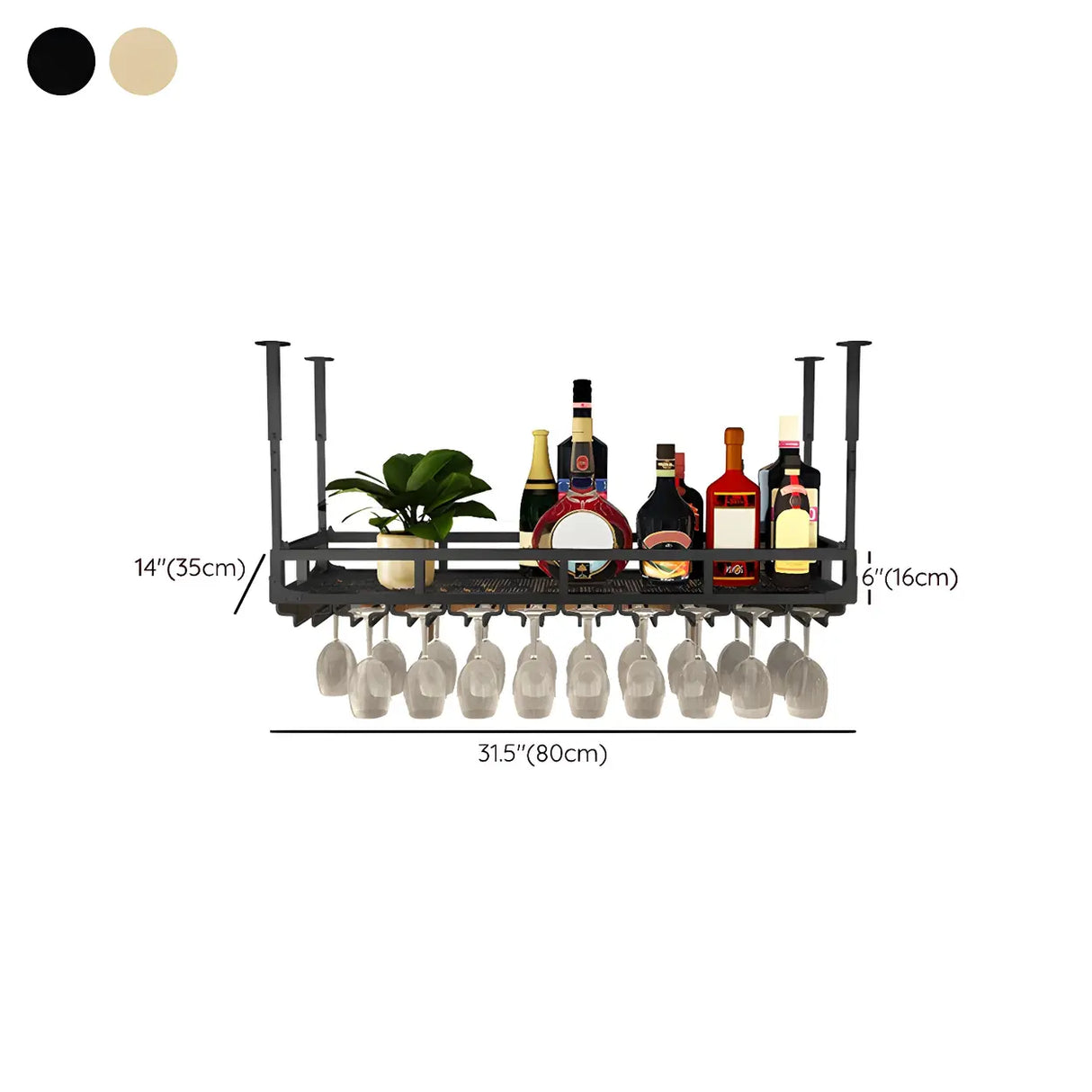 Black Rectangular Metal Large Hanging Wine Rack with Holder Image - 17