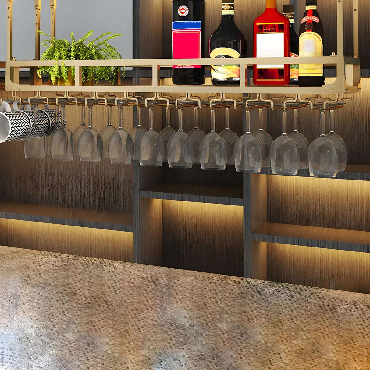 Black Rectangular Metal Large Hanging Wine Rack with Holder Image - 3