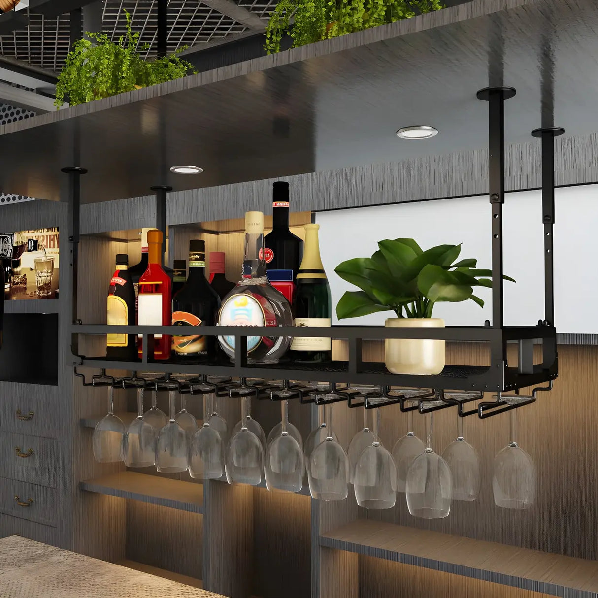 Black Rectangular Metal Large Hanging Wine Rack with Holder Image - 4