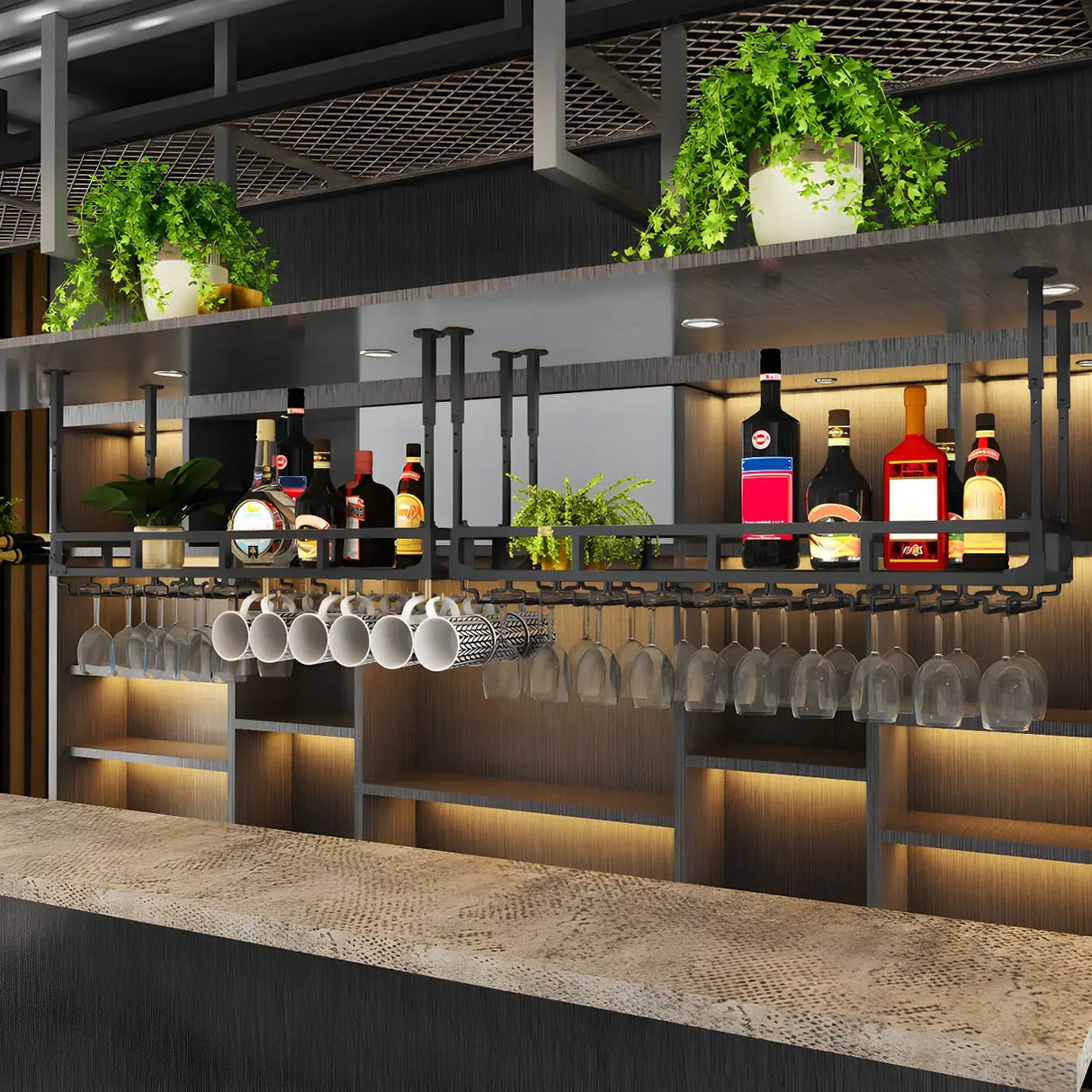 Black Rectangular Metal Large Hanging Wine Rack with Holder Image - 5