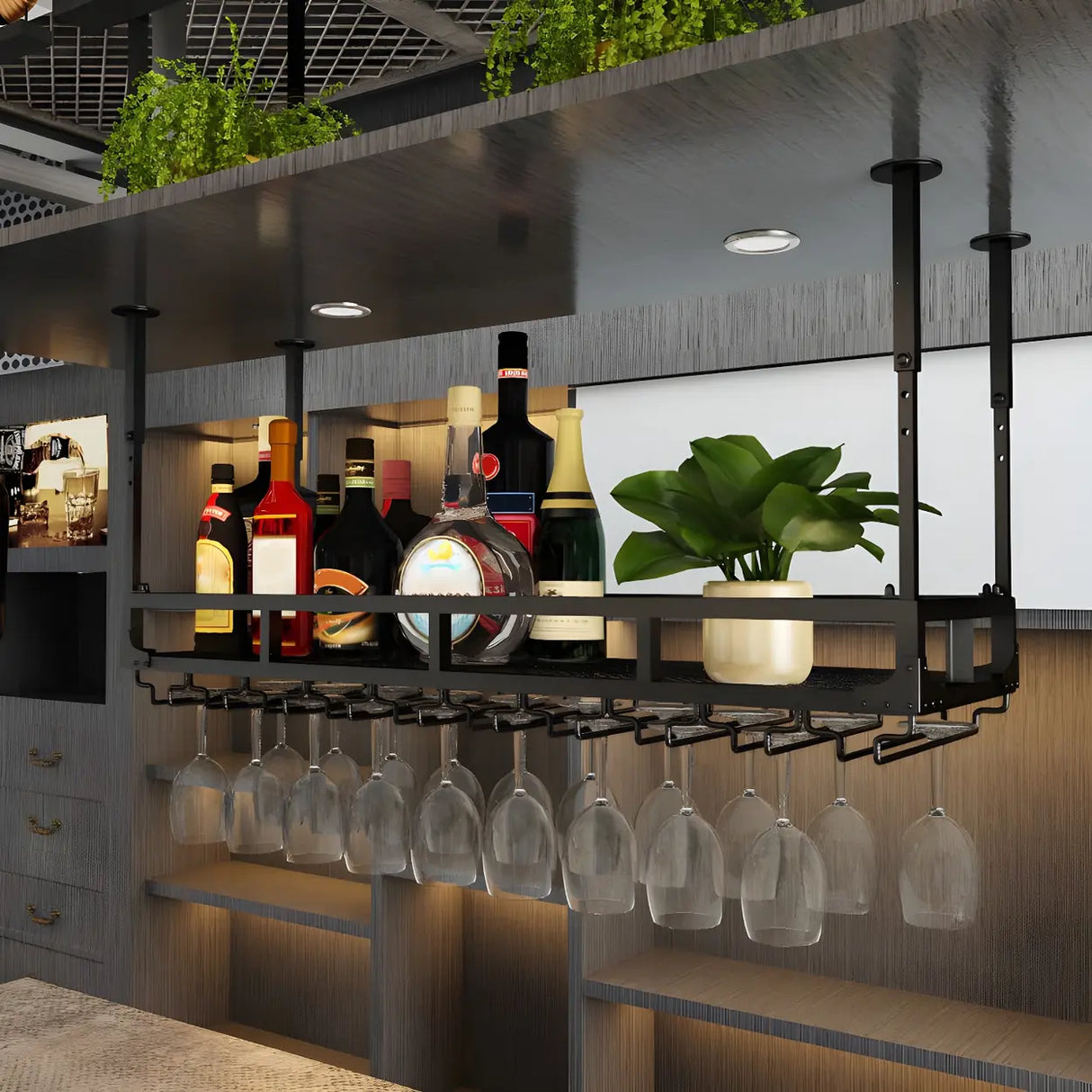 Black Rectangular Metal Large Hanging Wine Rack with Holder Image - 6