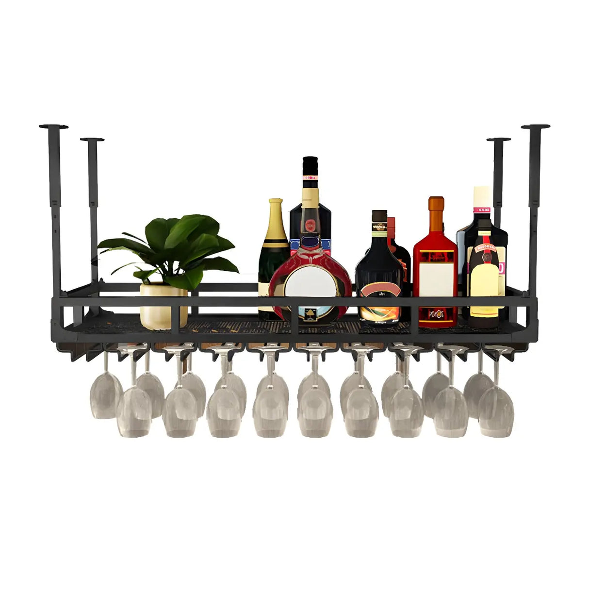 Black Rectangular Metal Large Hanging Wine Rack with Holder Image - 7