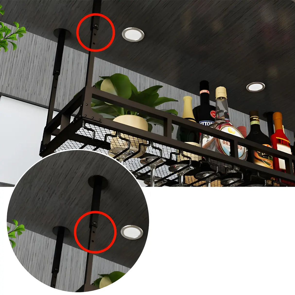 Black Rectangular Metal Large Hanging Wine Rack with Holder Image - 8